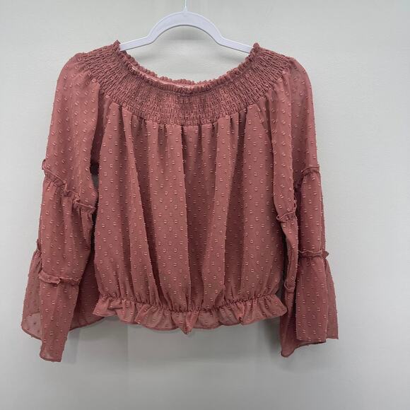 La Miel Rose Brown Swiss‎ Dot Bell Sleeve Blouse - Picture 1 of 4